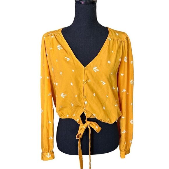 Forever 21 Mustard Floral Waist Tie Cropped Blouse Sz Small - Picture 1 of 7